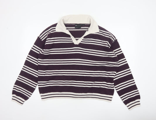 Additional front view of ASOS Design Women Purple Ivory Striped Collared Knit Jumper UK 12-14 M