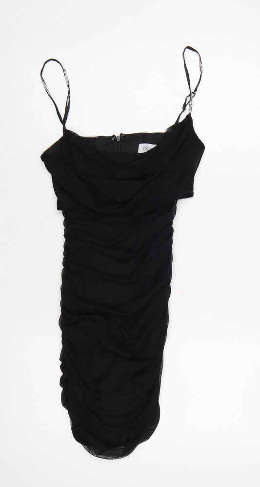 Oh Polly Women Black UK 10 Ruched Rhinestone Strap Bodycon Mini Dress