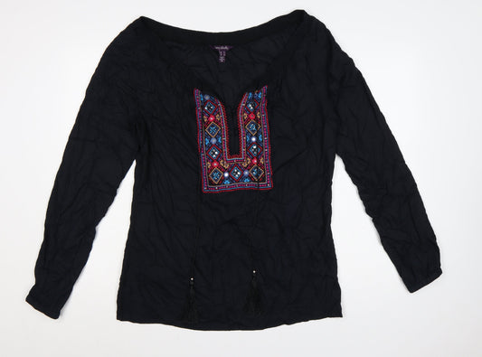 Long Tall Sally Women Black UK 12 Embroidered Aztec Tassel Tunic Blouse