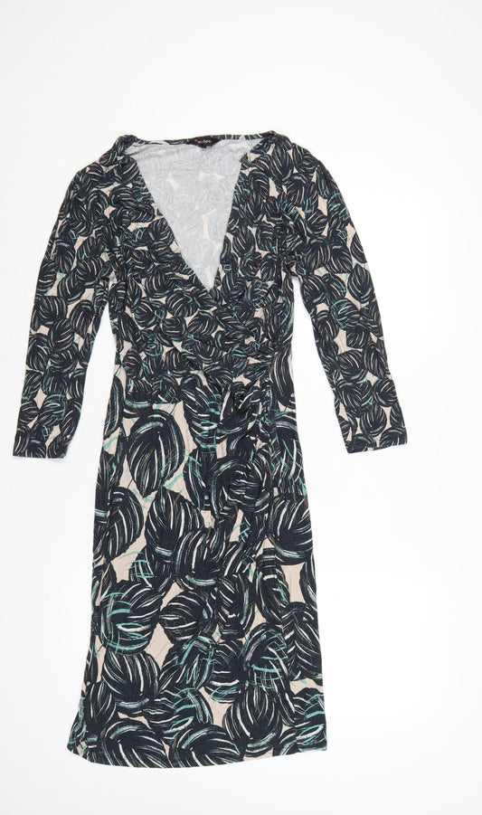 Phase Eight Women Black Tropical Wrap Dress Size 12 Knee Length