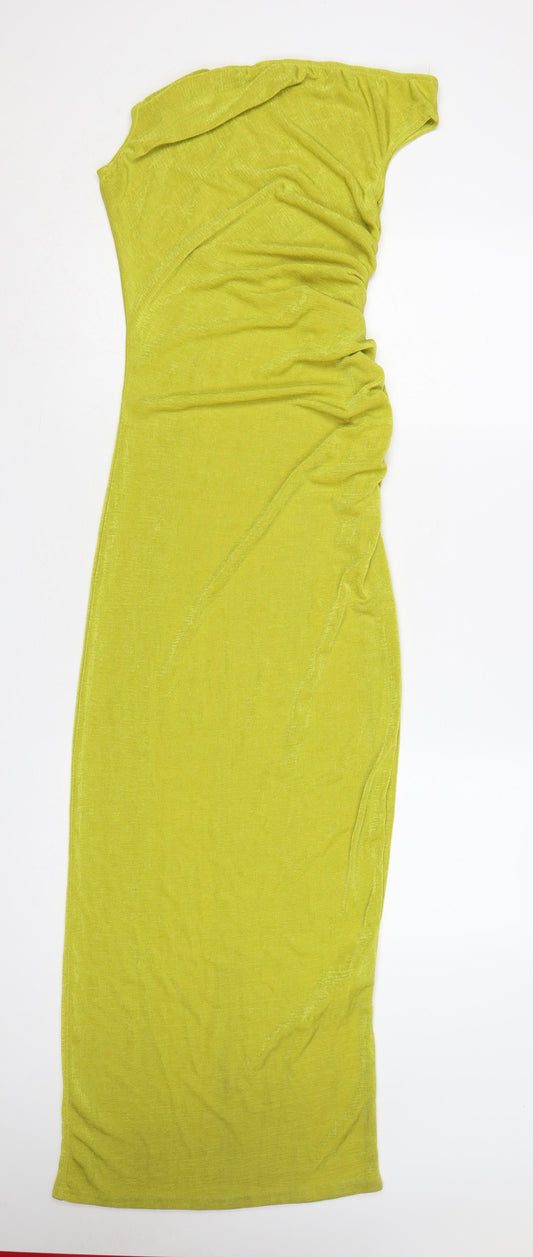 PRETTYLITTLETHING Women Yellow UK 10 One Shoulder Ruched Maxi Bodycon Dress