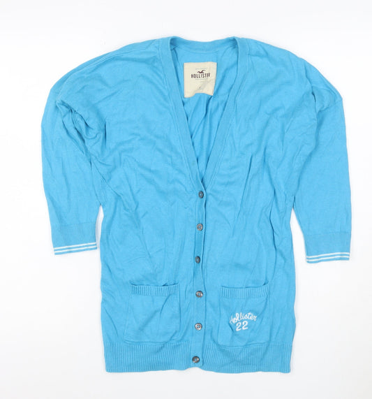Hollister Women Blue M V-Neck Button Logo Knit Cardigan