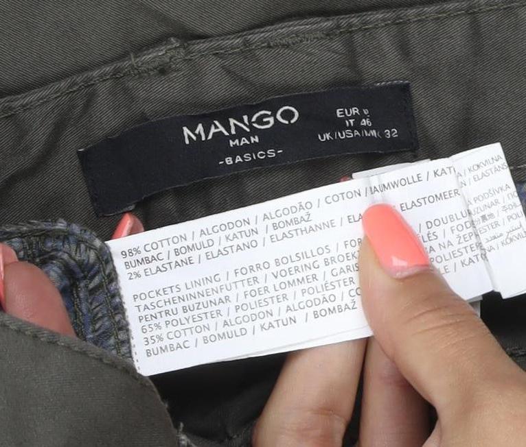 Brand and care label for Mango Man Green 32in Regular Straight Stretch Cotton Trousers