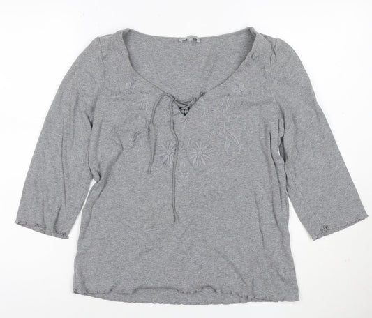 Per Una Women Grey UK 18 Embroidered Floral Lace-Up 3/4 Sleeve Blouse