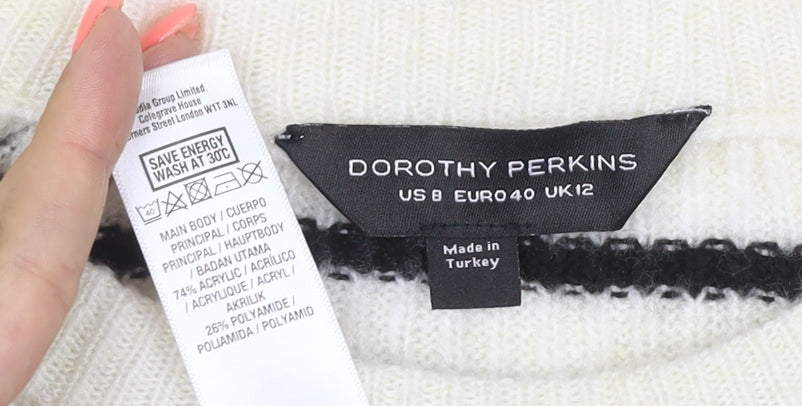 Brand and care label for Dorothy Perkins Women’s Ivory Black Stripe Bell Sleeve Jumper UK 12