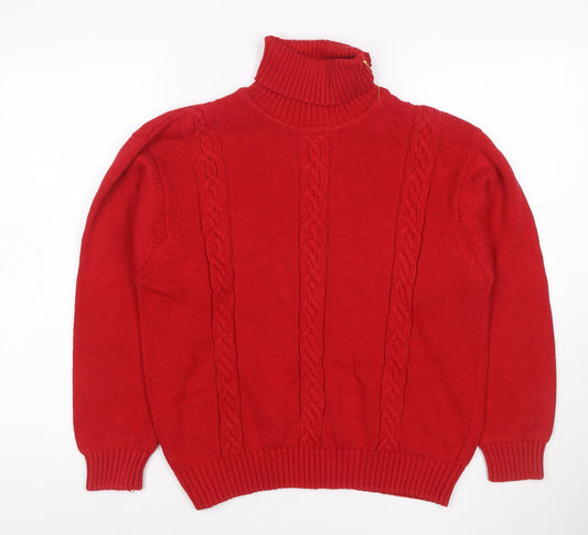 Talbots Women Red Petite L Cable Knit Roll Neck Cotton Jumper