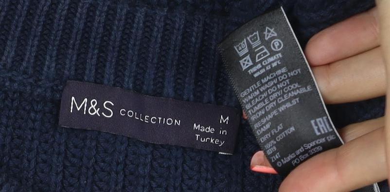 Marks and Spencer Women Blue M Cable Knit Cotton Crew Neck Jumper