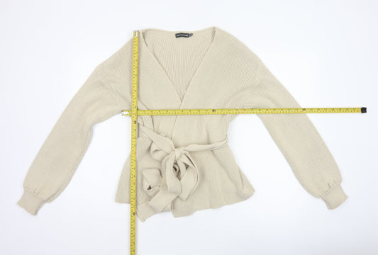 PrettyLittleThing Women Ivory UK 12 Belted Knit Wrap Cardigan