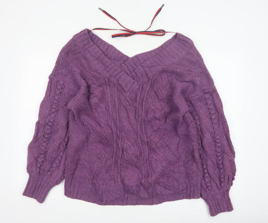 Ted Baker Women Purple M Wool Cable Knit V-Neck Jumper