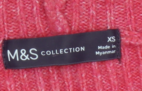Marks & Spencer Women Pink XS Hooded Cable Knit V-Neck Jumper