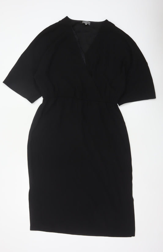 Additional front view of Jaeger Women Black UK 12 Knee Length Sheath V-Neck Kimono Sleeve Dress