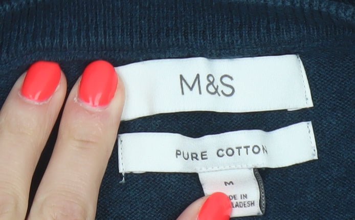 Marks & Spencer Men Blue M Pure Cotton V-Neck Knit Pullover Jumper