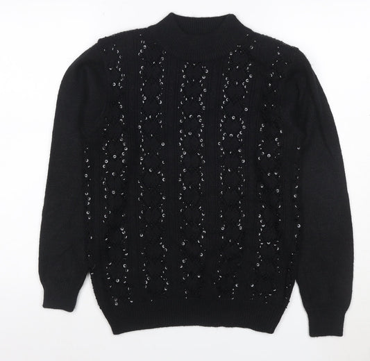 Alfred Dunner Women Black S Petite Sequin Mock Neck Pullover Jumper