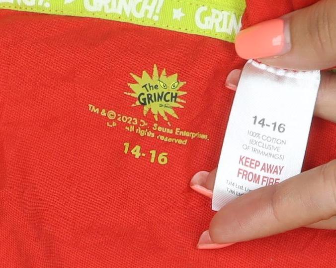 Brand and care label for The Grinch Teens Red, size 14, Long Sleeve Christmas Pyjama Top Cotton
