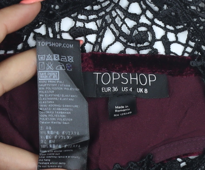 Topshop Women Burgundy Black Lace Velvet Bodycon Dress UK 8 Party