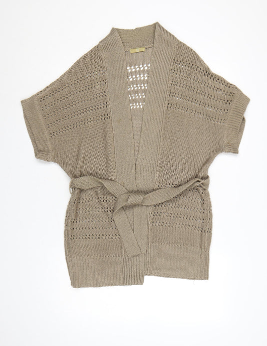 TU Women Beige Size 14 Open Knit Belted Sleeveless Wrap Cardigan