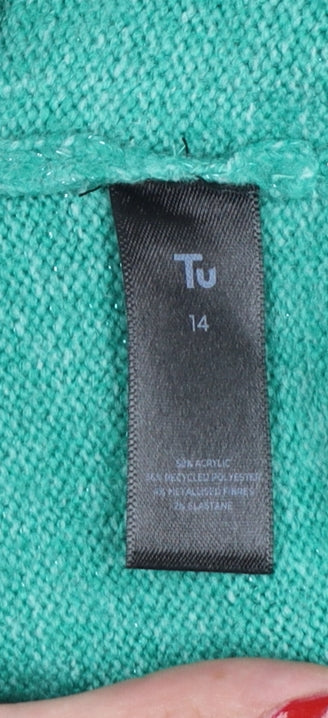 Tu Women Green Glitter Knit Crew Neck Jumper UK 14 Long Sleeve