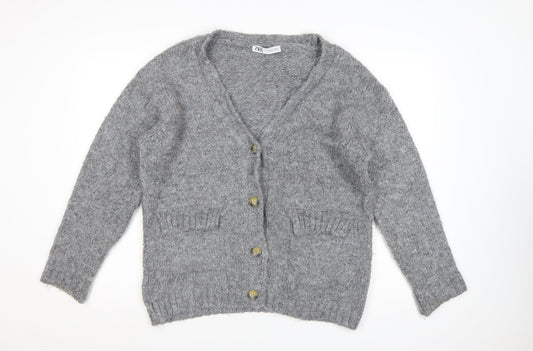 Zara Women Grey UK 12 V-Neck Button Knit Cardigan Long Sleeve
