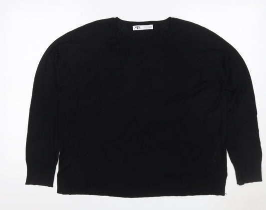Zara Women Black UK 16 Basic Knit Long Sleeve Crew Neck Top