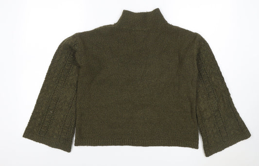 Gallery Women Green S Mock Neck Bouclé Knit Pocket Jumper Bell Sleeve