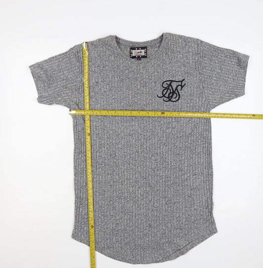 SikSilk Men's Grey M Slim Fit Curved Hem Embroidered Logo T-Shirt