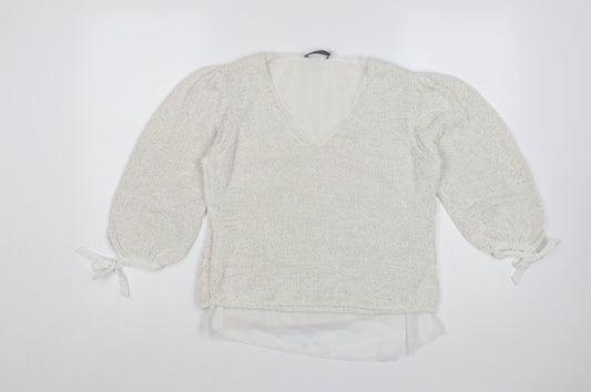 Mint Velvet Women Ivory S V-Neck Knit Balloon Sleeve Jumper