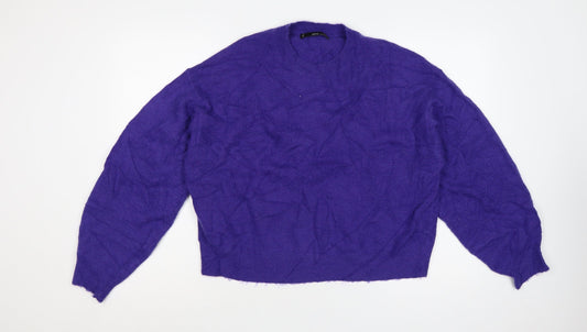 Mango Women Purple UK 12 Puff Sleeve Crew Neck Knit Jumper