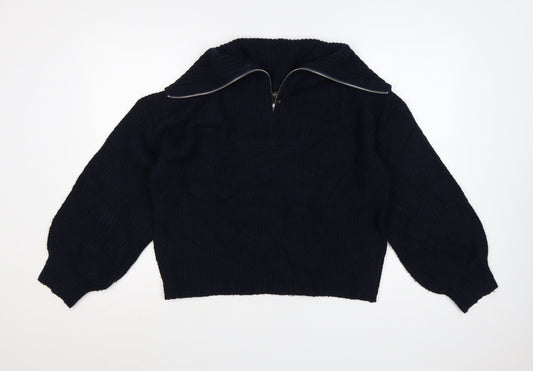 French Connection Women’s Blue M Rib Knit 1/4 Zip High Neck Jumper