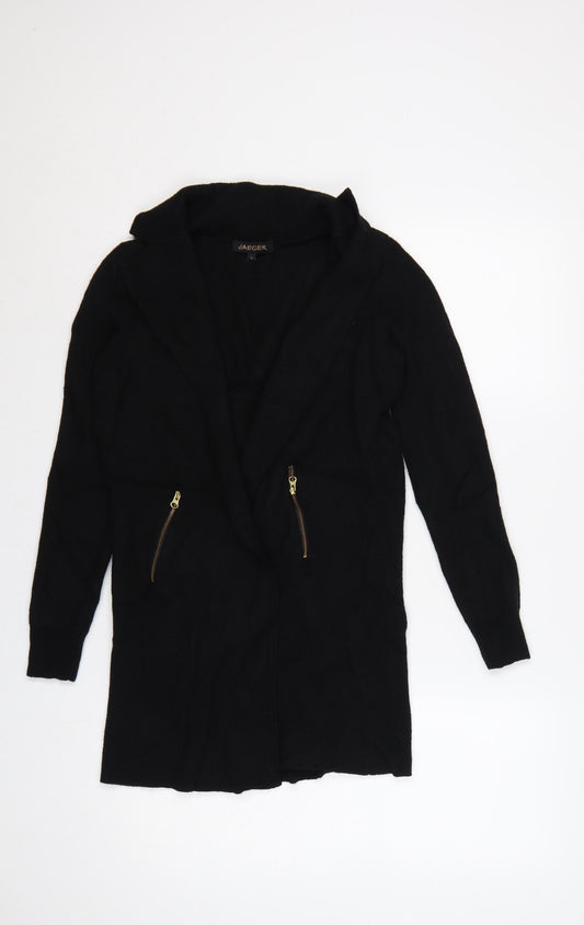 Jaeger Women’s Black S Long Open Knit Cardigan Gold Zip Pockets