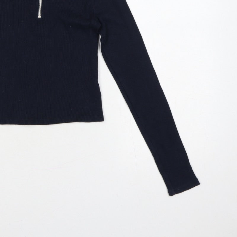 Topshop Women Blue UK 10 Slim Rib Knit Half Zip Collared Polo Top