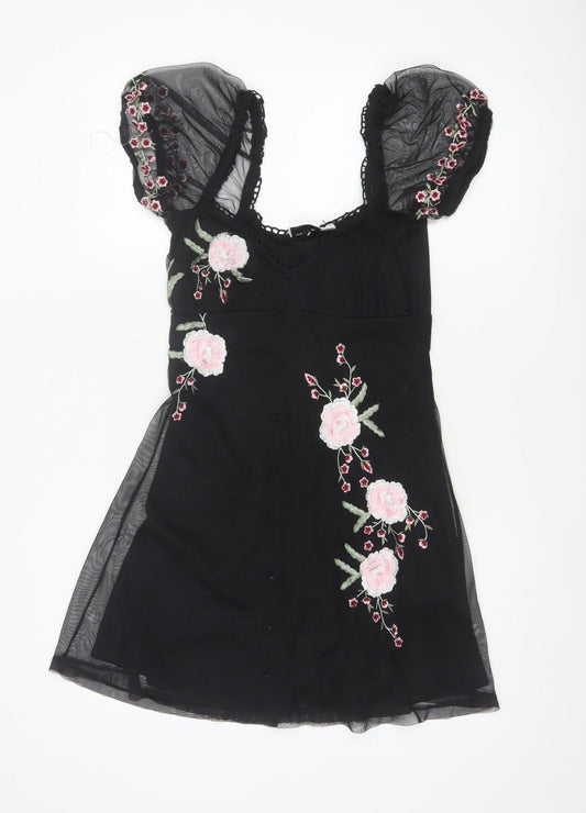 ASOS Design Women Black UK 6 Skater Dress Floral Embroidered Mesh