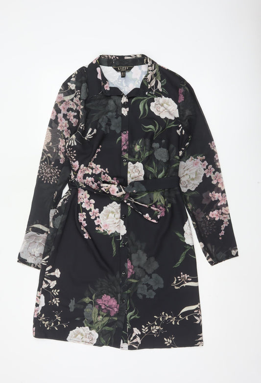 Lipsy Women Black Floral Belted Shirt Dress UK 8 Knee Length