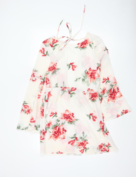PRETTYLITTLETHING Women Ivory Floral Bell Sleeve Skater Dress UK 10