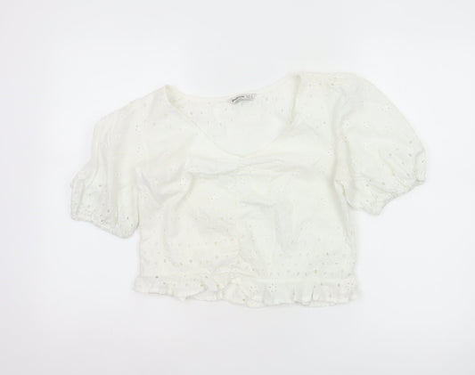 Stradivarius Women Ivory M Broderie Anglaise Puff Sleeve Ruffle Blouse