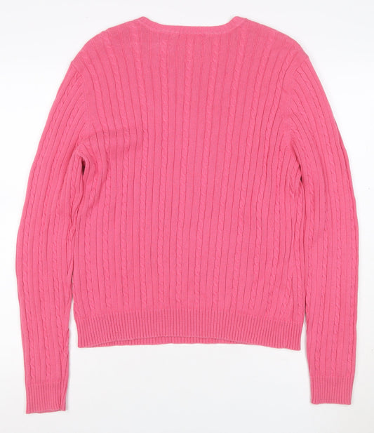 IZOD Women’s Pink L Cable-Knit Cotton Crew Neck Pullover Jumper