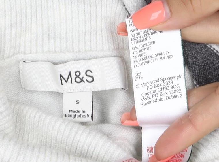 Marks & Spencer Women Grey Ivory Striped Roll Neck Jumper Size S
