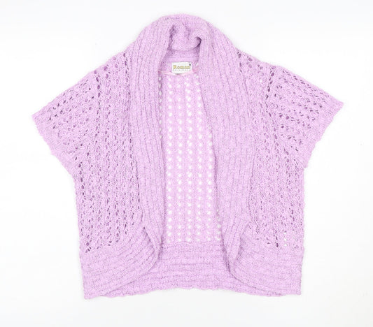 Additional front view of Roman Originals women’s purple m open knit short sleeve cardigan