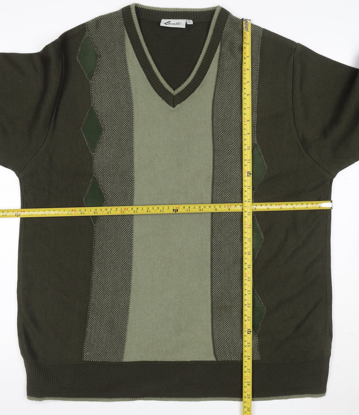Cavalli Men’s Green L Geometric V-Neck Knit Pullover Jumper