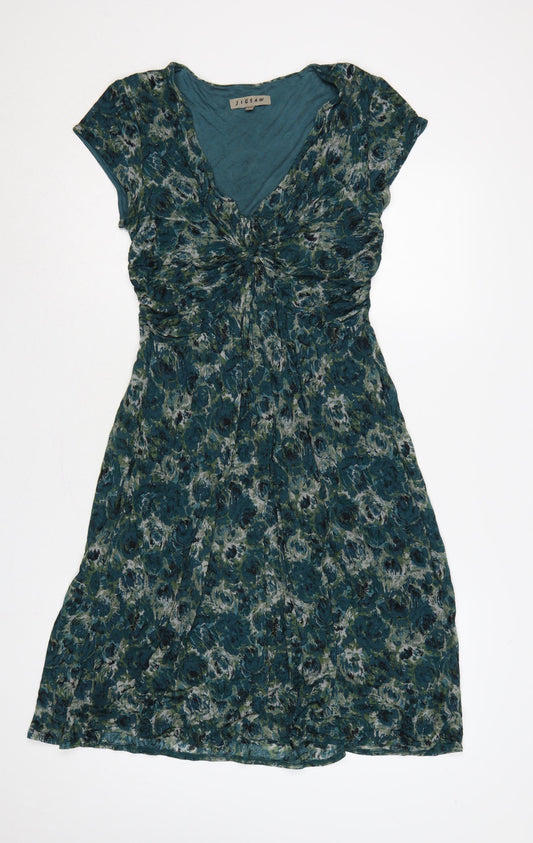Jigsaw Women Green Floral M Fit & Flare Knee Length V-Neck Jersey Dress