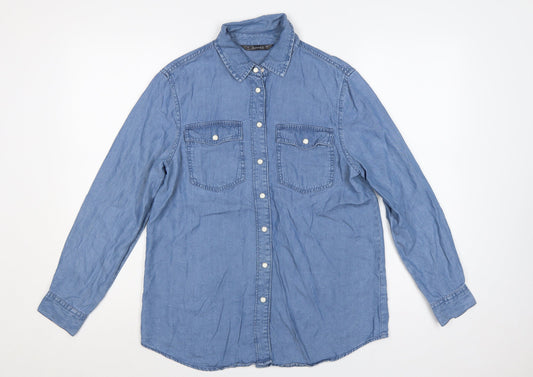 Additional front view of Dunnes Women Blue S Lyocell Chambray Button-Up Shirt Long Sleeve