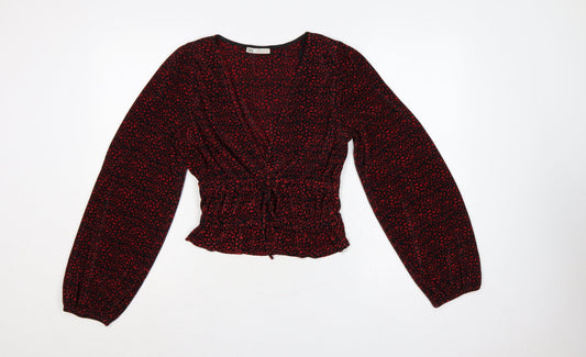 Zara Women Red Black Leopard Print Pleated Wrap Blouse UK 12 Long Sleeve