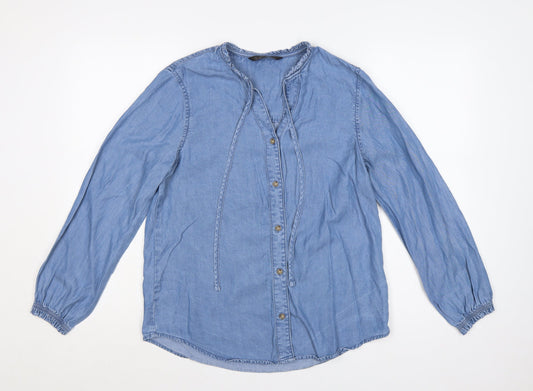 Additional front view of Dunnes Women Blue S Lyocell Chambray Ruffle Button-Up Shirt
