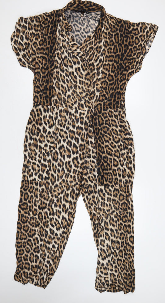 Zara Woman Women's Brown Leopard Print V-Neck Tapered Jumpsuit S