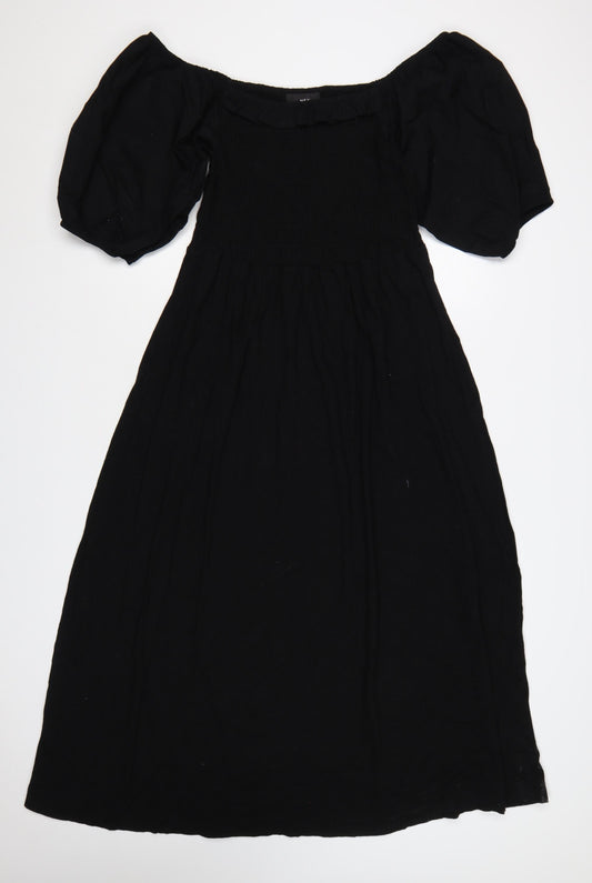 Next Women Black UK 14 Maxi Smocked Puff Sleeve Dress