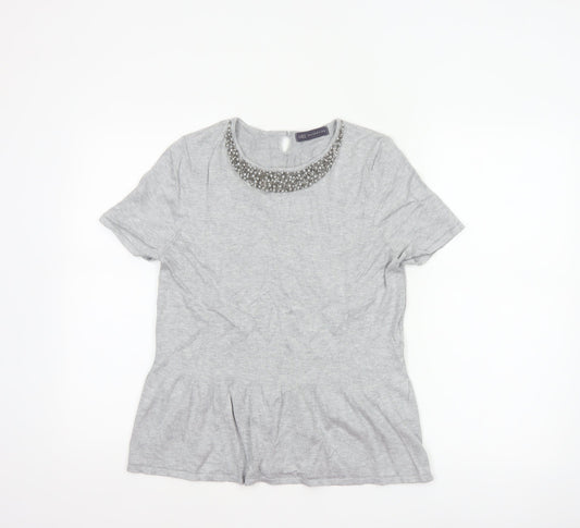 Marks & Spencer Women Grey UK 14 Beaded Knit Short Sleeve Peplum Top