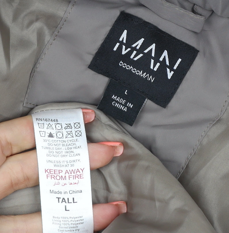 Brand and care label for boohooMAN Men’s Grey Tall L Padded Snap Button Jacket Coat