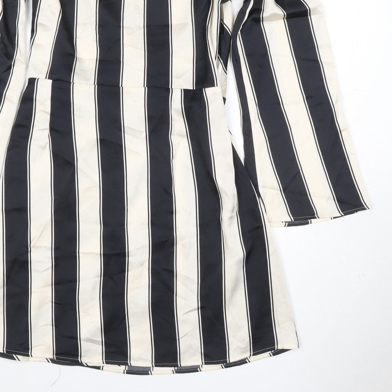 H&M Women Black Ivory Striped UK 16 Midi Wrap Dress Long Sleeve