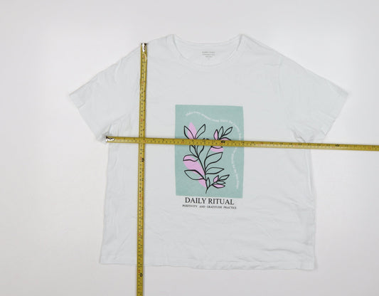 Dunnes Stores Women White Floral Graphic Cotton T-Shirt UK 18