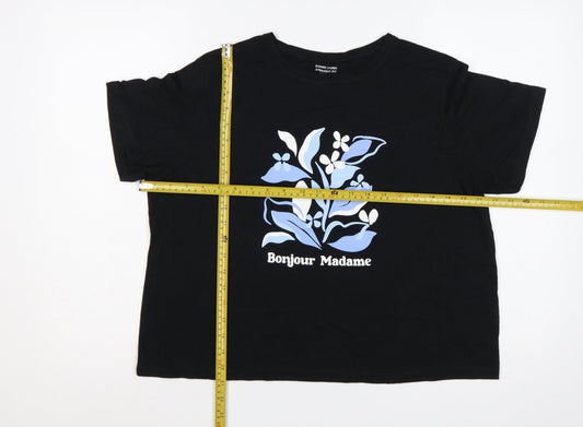 Dunnes Stores Women Black L Floral Bonjour Madame Cotton T-Shirt