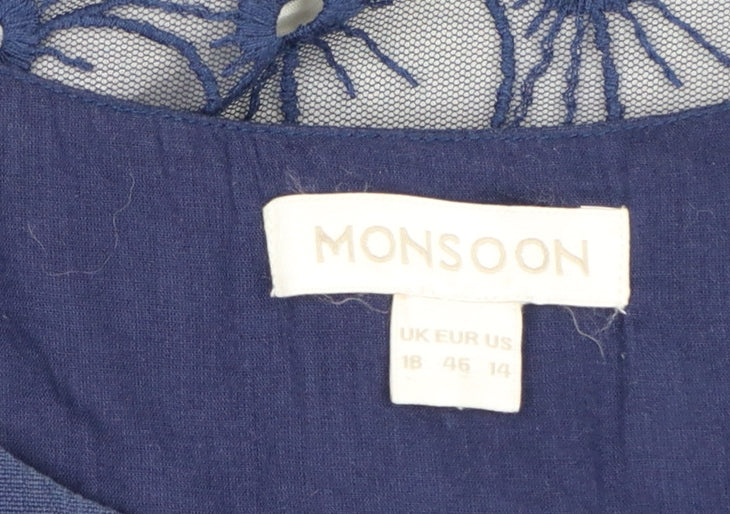 Monsoon Women Blue Floral Lace Fit & Flare Dress UK 18 Sleeveless